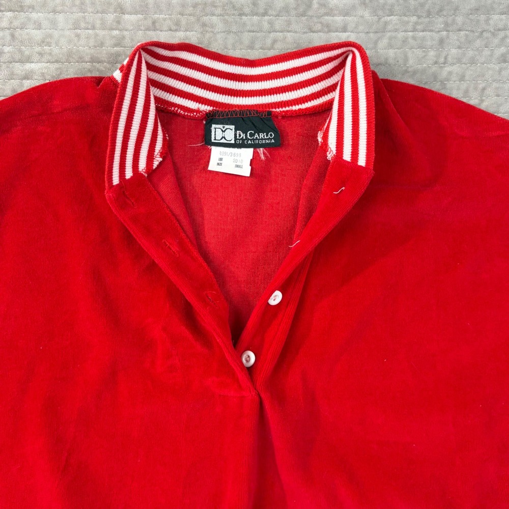 Vintage Di Carlo of California Red Velour Henley Sweatshirt Small Striped Collar - Picture 4 of 7